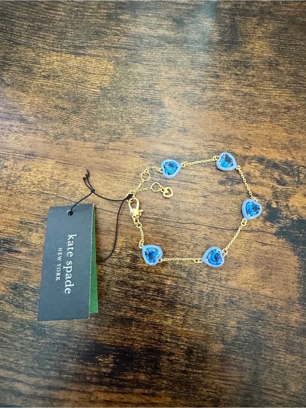 kate spade Gold Bracelet with Blue Heart Stones NWT